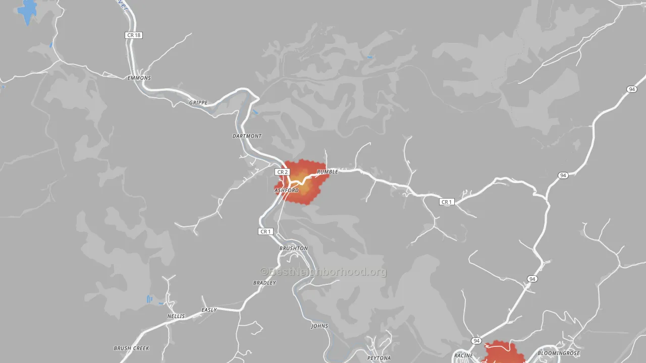 Walk Grade map of Ashford, WV, walkable areas in green and car-dependent areas in red