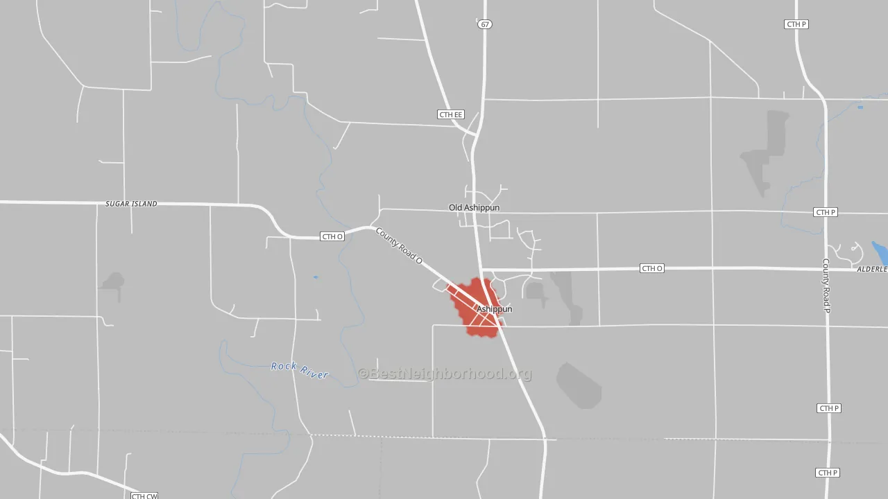 Walk Grade map of Ashippun, WI, walkable areas in green and car-dependent areas in red