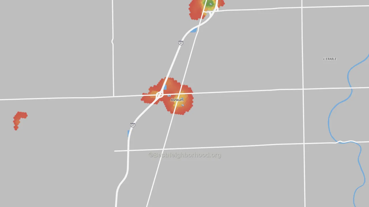 Walk Grade map of Ashkum, IL, walkable areas in green and car-dependent areas in red