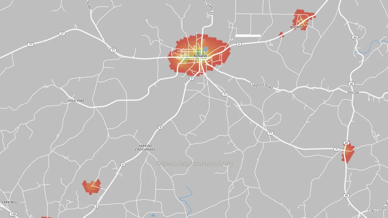 Walk Grade map of Ashland, AL, walkable areas in green and car-dependent areas in red