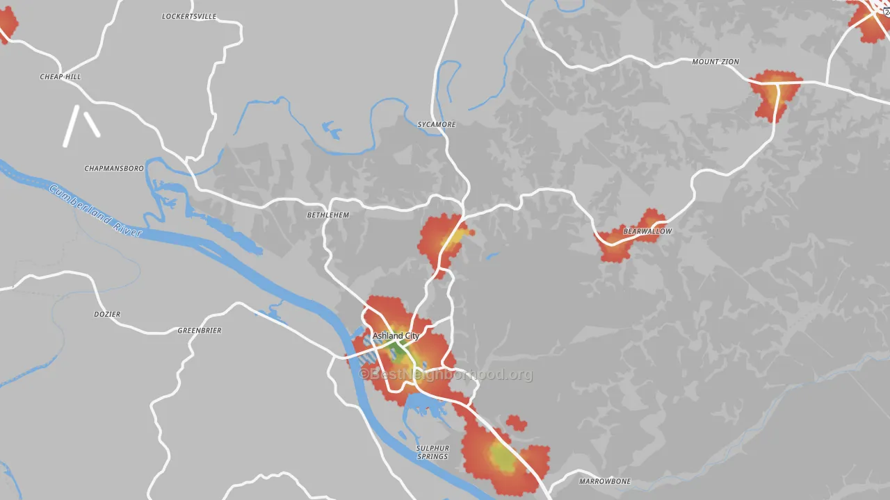 Walk Grade map of Ashland City, TN, walkable areas in green and car-dependent areas in red