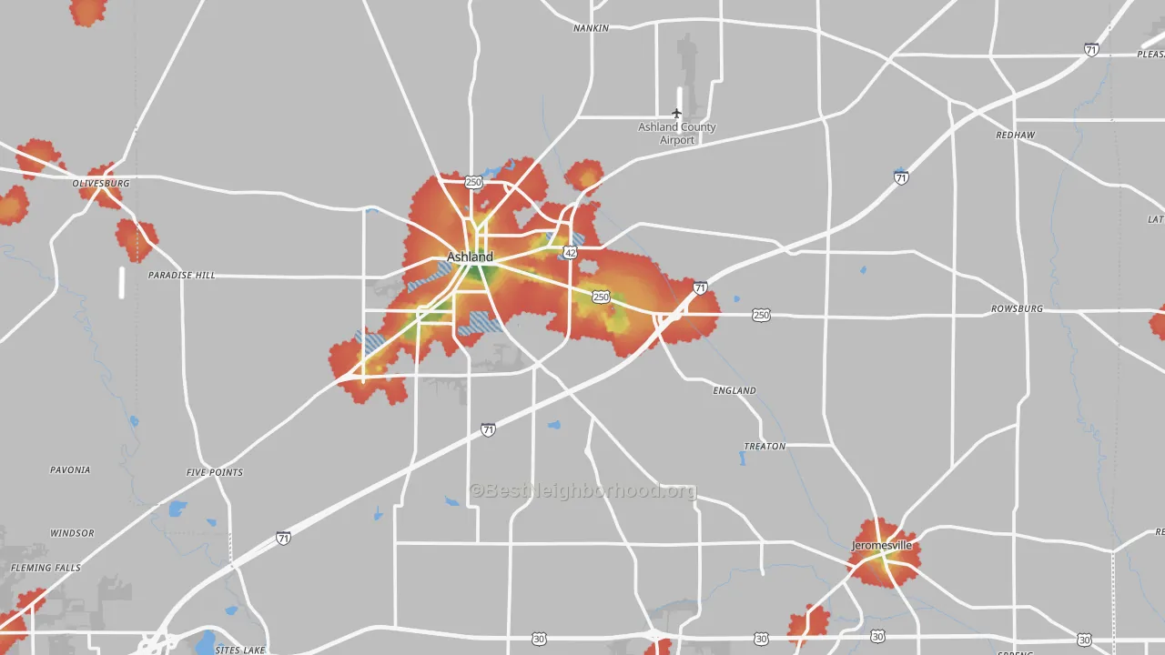 Walk Grade map of Ashland County, OH, walkable areas in green and car-dependent areas in red