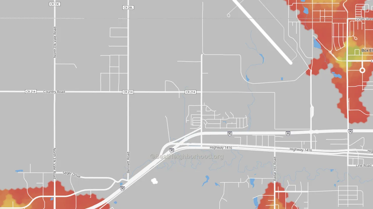Walk Grade map of Ashland Heights, SD, walkable areas in green and car-dependent areas in red