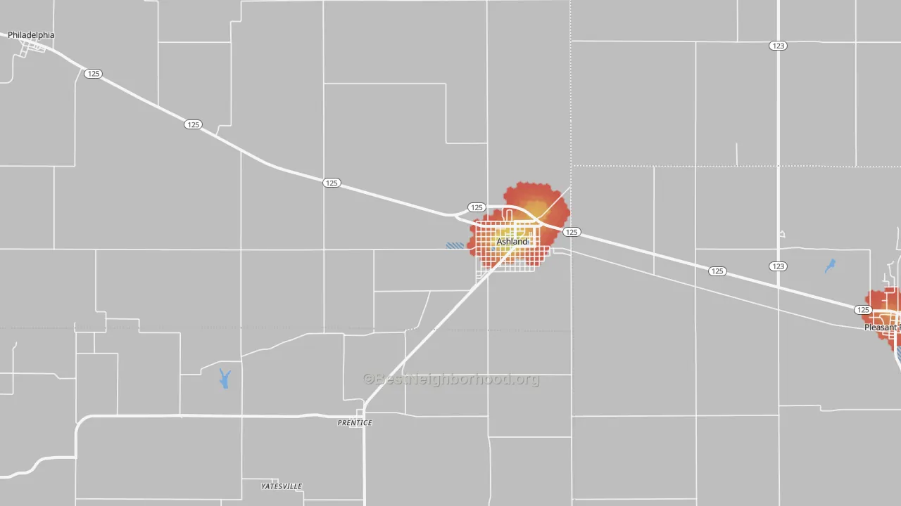 Walk Grade map of Ashland, IL, walkable areas in green and car-dependent areas in red