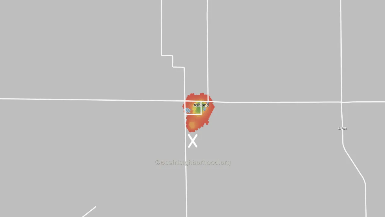 Walk Grade map of Ashland, KS, walkable areas in green and car-dependent areas in red