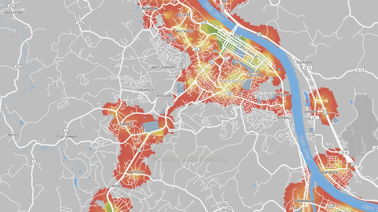 Walk Grade map of Ashland, KY, walkable areas in green and car-dependent areas in red