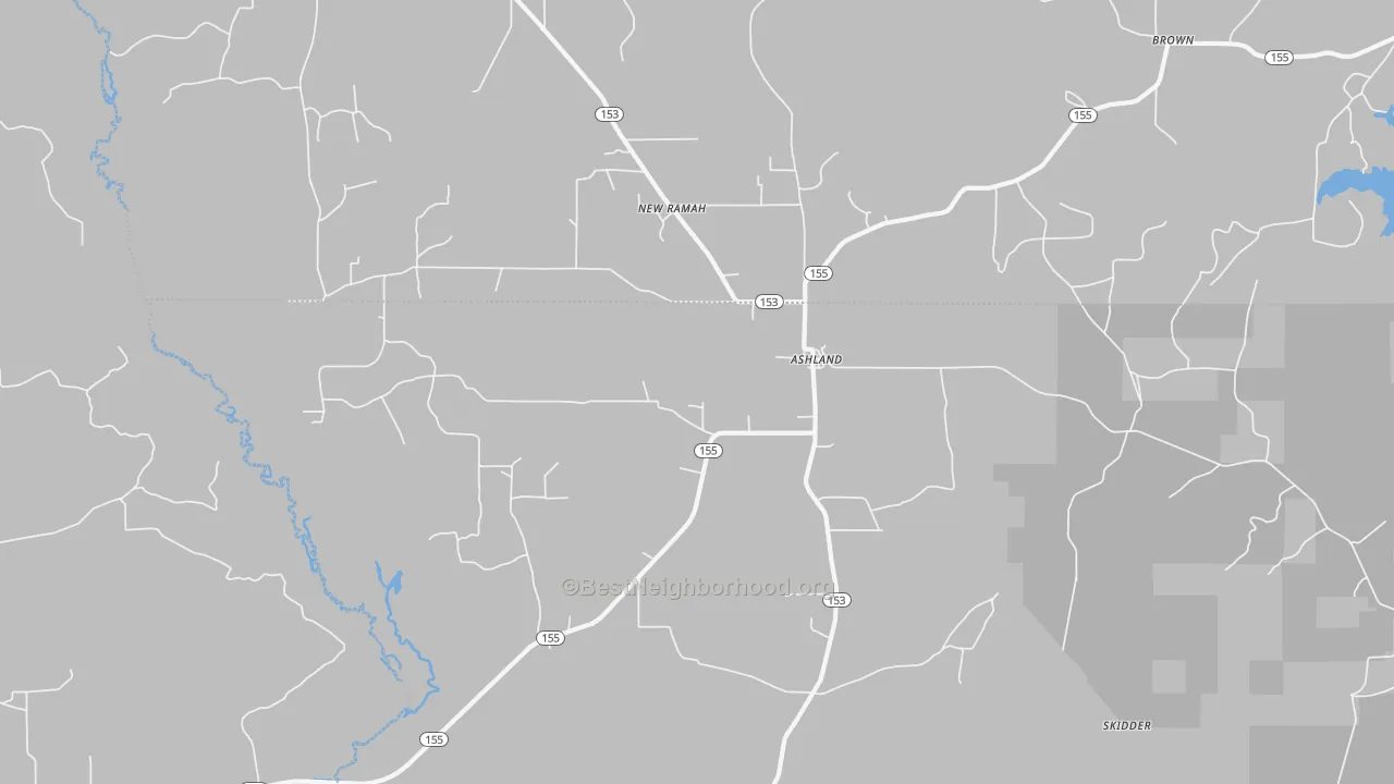 Walk Grade map of Ashland, LA, walkable areas in green and car-dependent areas in red