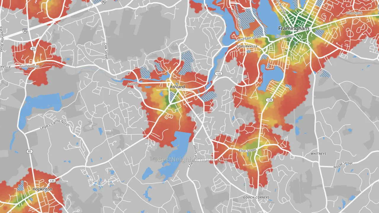 Walk Grade map of Ashland, MA, walkable areas in green and car-dependent areas in red