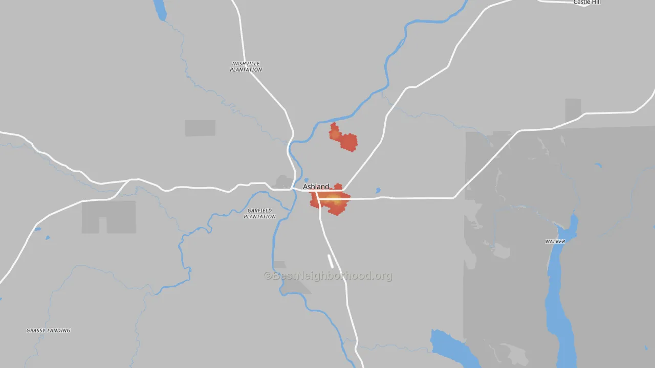 Walk Grade map of Ashland, ME, walkable areas in green and car-dependent areas in red