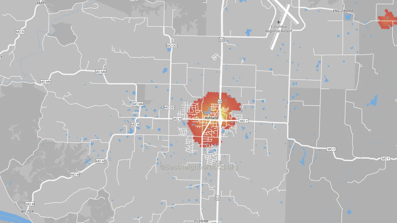 Walk Grade map of Ashland, MO, walkable areas in green and car-dependent areas in red