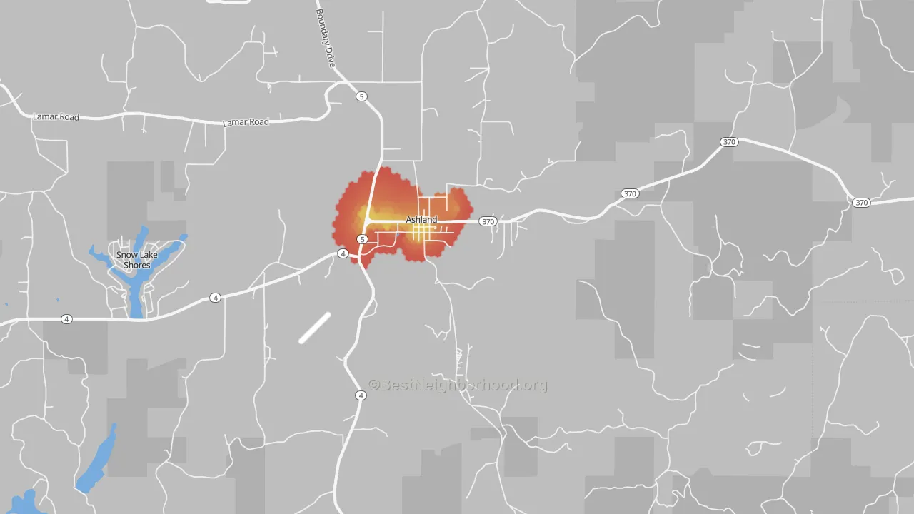 Walk Grade map of Ashland, MS, walkable areas in green and car-dependent areas in red