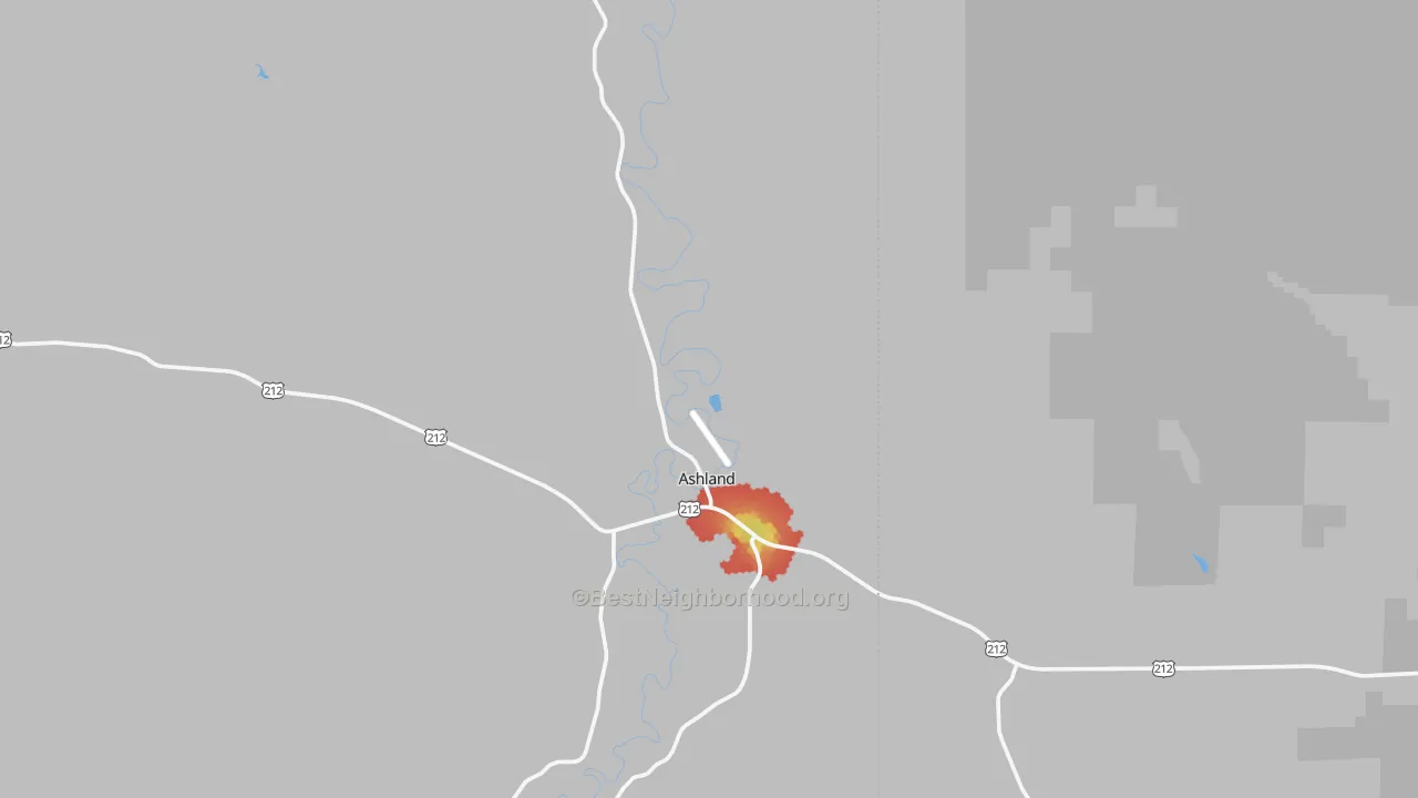 Walk Grade map of Ashland, MT, walkable areas in green and car-dependent areas in red