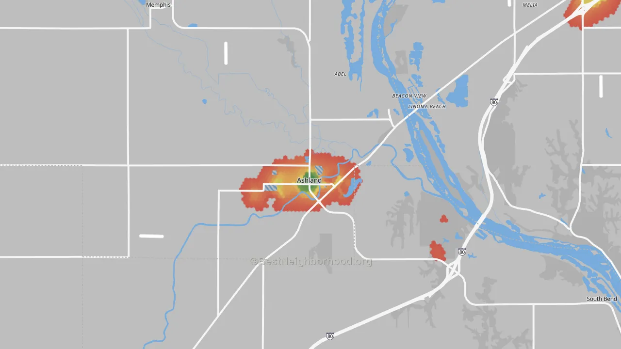 Walk Grade map of Ashland, NE, walkable areas in green and car-dependent areas in red