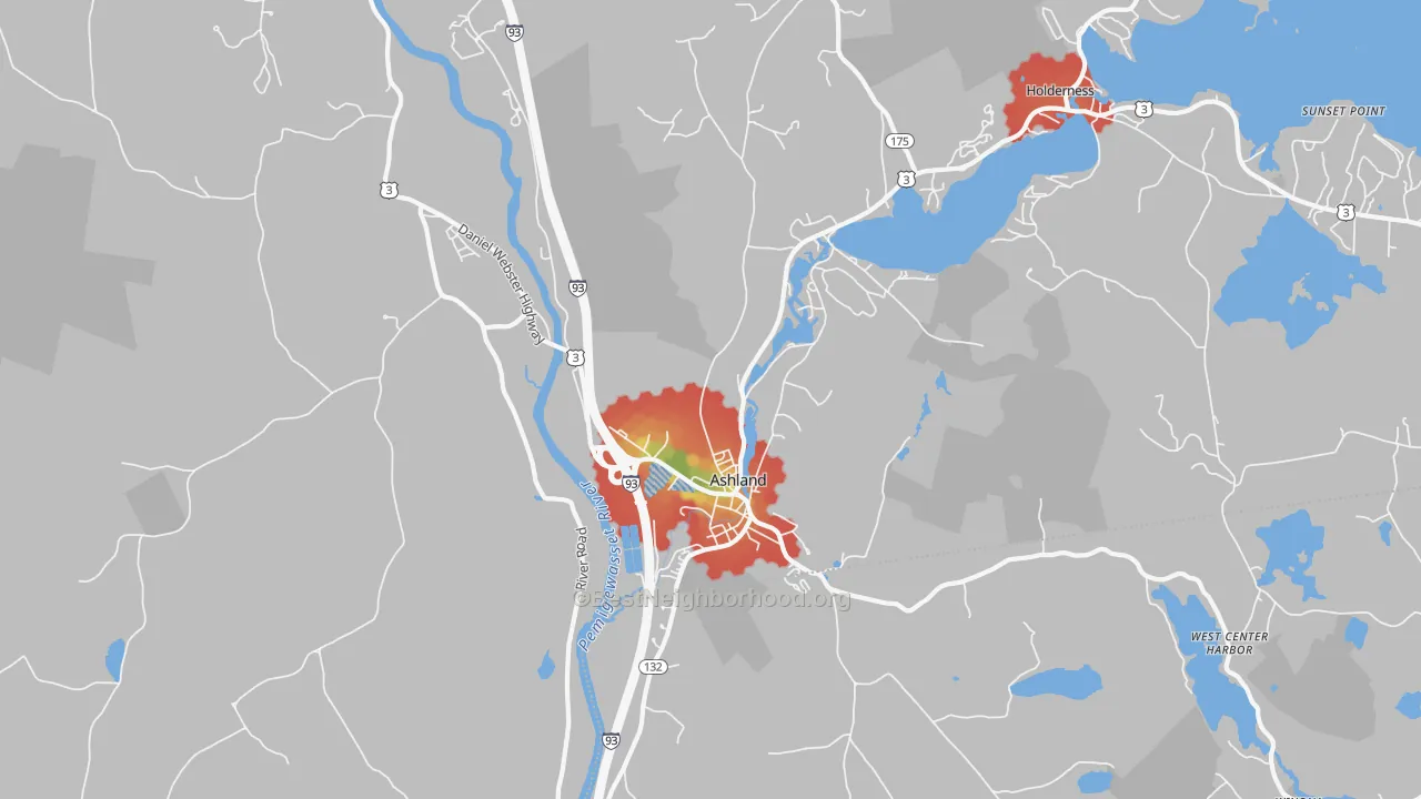 Walk Grade map of Ashland, NH, walkable areas in green and car-dependent areas in red