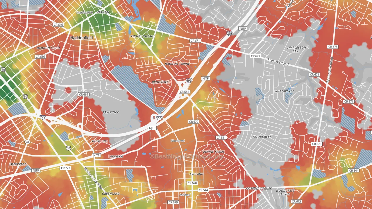 Walk Grade map of Ashland, NJ, walkable areas in green and car-dependent areas in red