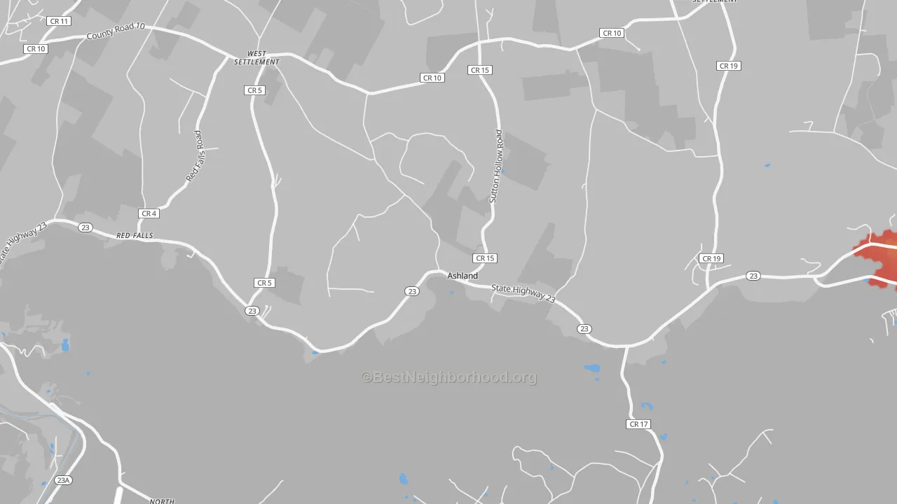 Walk Grade map of Ashland, NY, walkable areas in green and car-dependent areas in red
