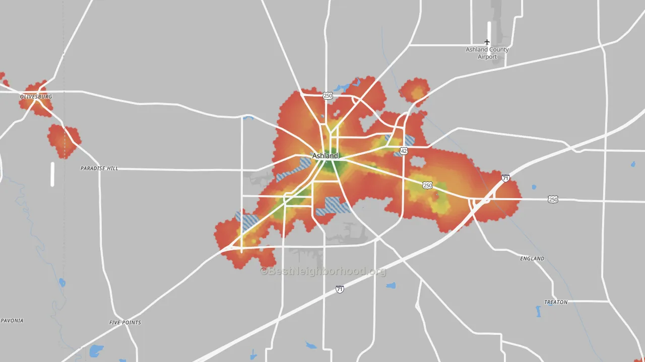 Walk Grade map of Ashland, OH, walkable areas in green and car-dependent areas in red