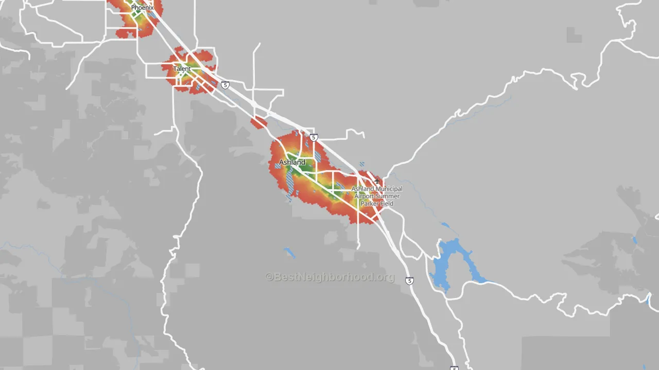 Walk Grade map of Ashland, OR, walkable areas in green and car-dependent areas in red