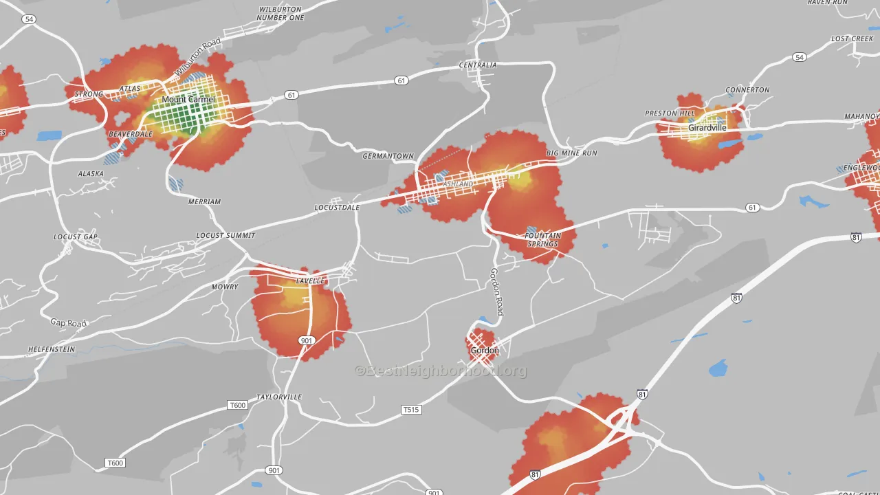 Walk Grade map of Ashland, PA, walkable areas in green and car-dependent areas in red