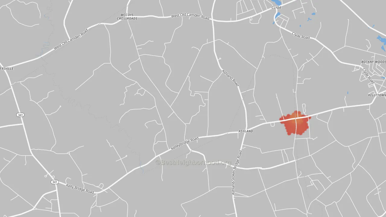 Walk Grade map of Ashland, SC, walkable areas in green and car-dependent areas in red