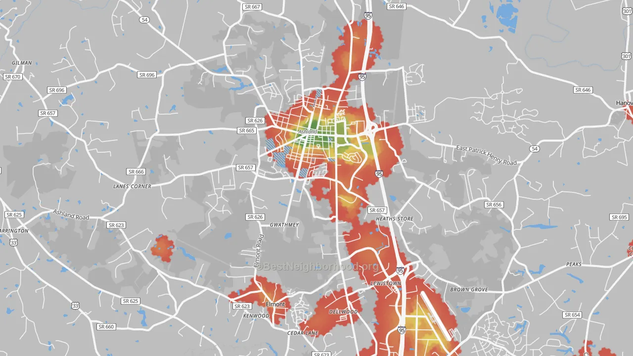 Walk Grade map of Ashland, VA, walkable areas in green and car-dependent areas in red