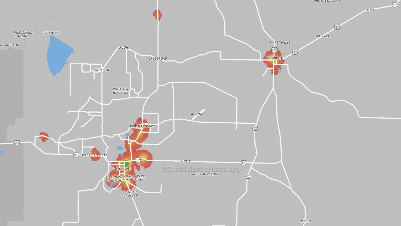 Walk Grade map of Ashley County, AR, walkable areas in green and car-dependent areas in red