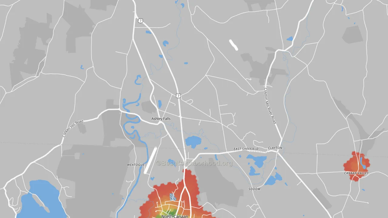 Walk Grade map of Ashley Falls, MA, walkable areas in green and car-dependent areas in red