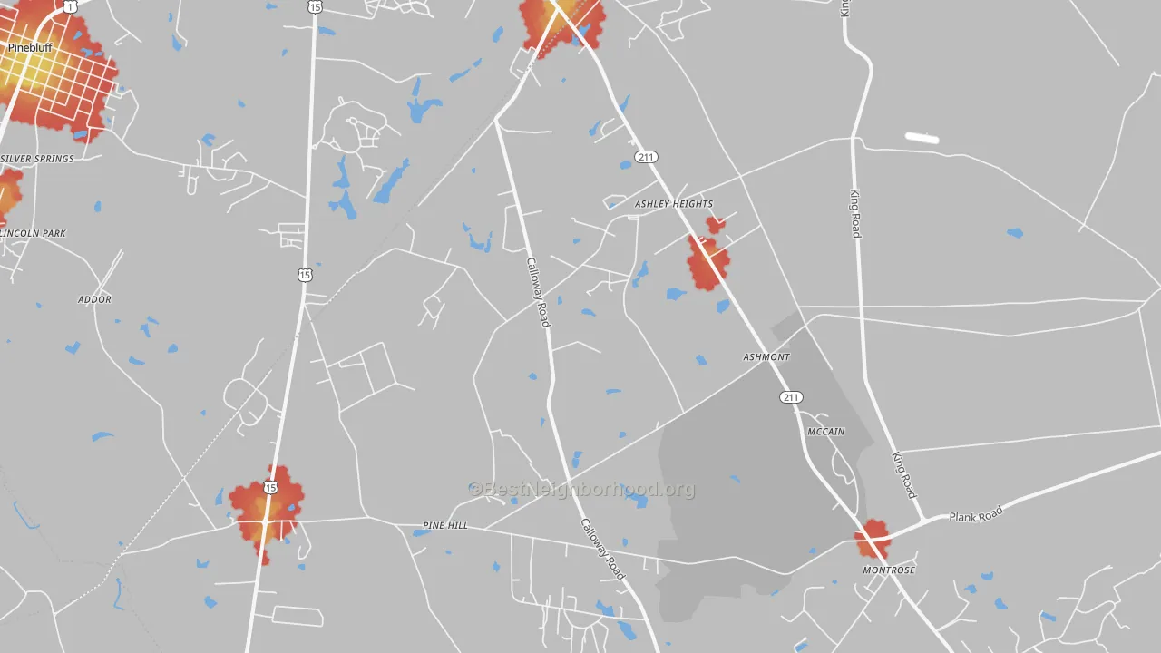 Walk Grade map of Ashley Heights, NC, walkable areas in green and car-dependent areas in red