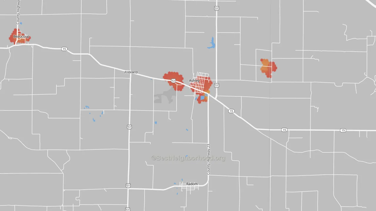 Walk Grade map of Ashley, IL, walkable areas in green and car-dependent areas in red