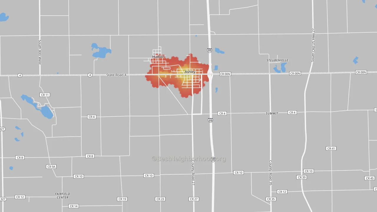 Walk Grade map of Ashley, IN, walkable areas in green and car-dependent areas in red