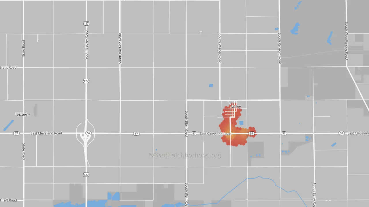 Walk Grade map of Ashley, MI, walkable areas in green and car-dependent areas in red