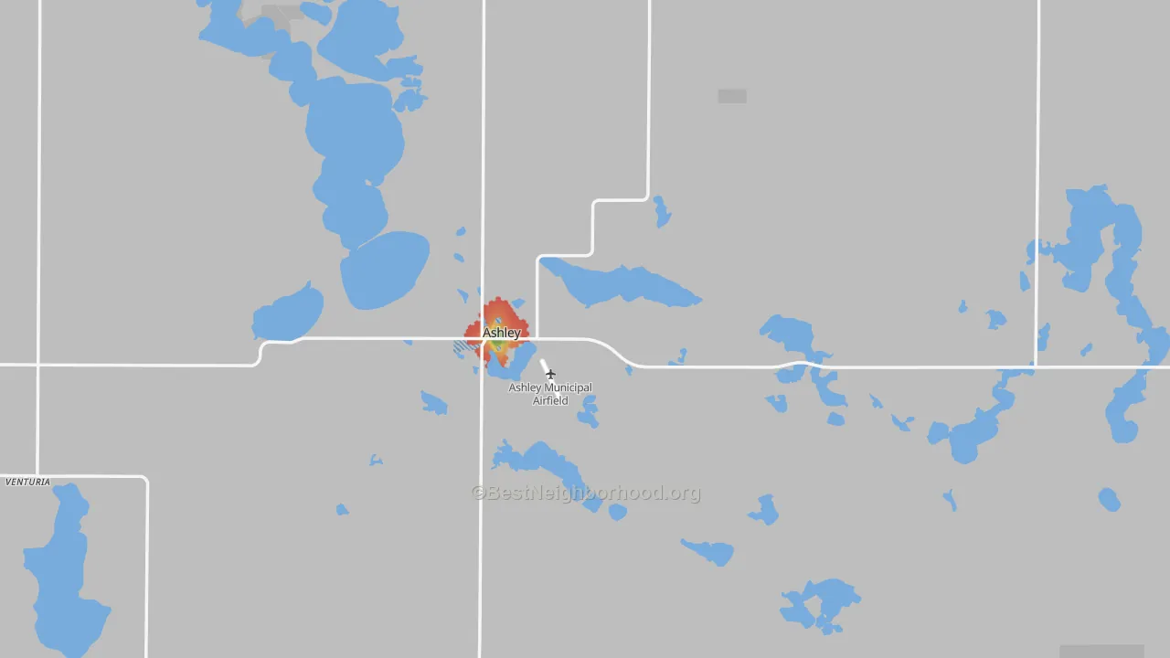 Walk Grade map of Ashley, ND, walkable areas in green and car-dependent areas in red