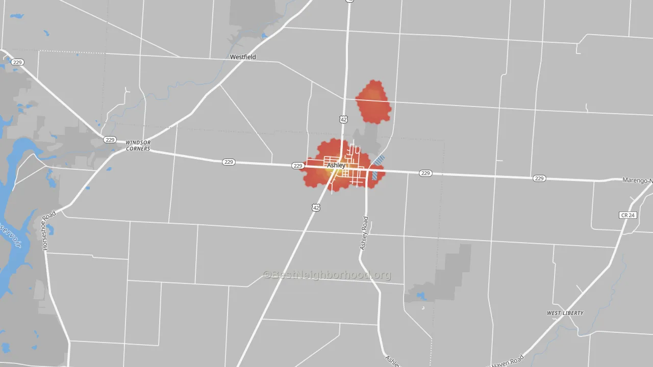 Walk Grade map of Ashley, OH, walkable areas in green and car-dependent areas in red