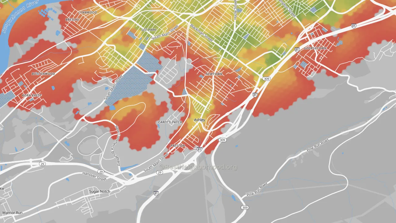 Walk Grade map of Ashley, PA, walkable areas in green and car-dependent areas in red