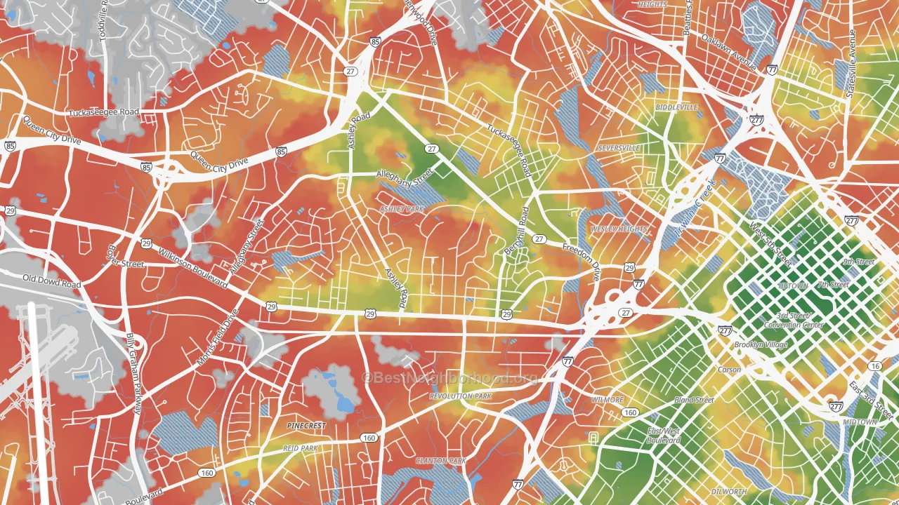 Walk Grade map of Ashley Park, Charlotte, NC, walkable areas in green and car-dependent areas in red