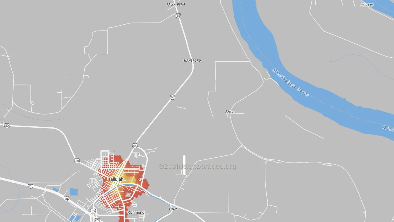 Walk Grade map of Ashly, LA, walkable areas in green and car-dependent areas in red