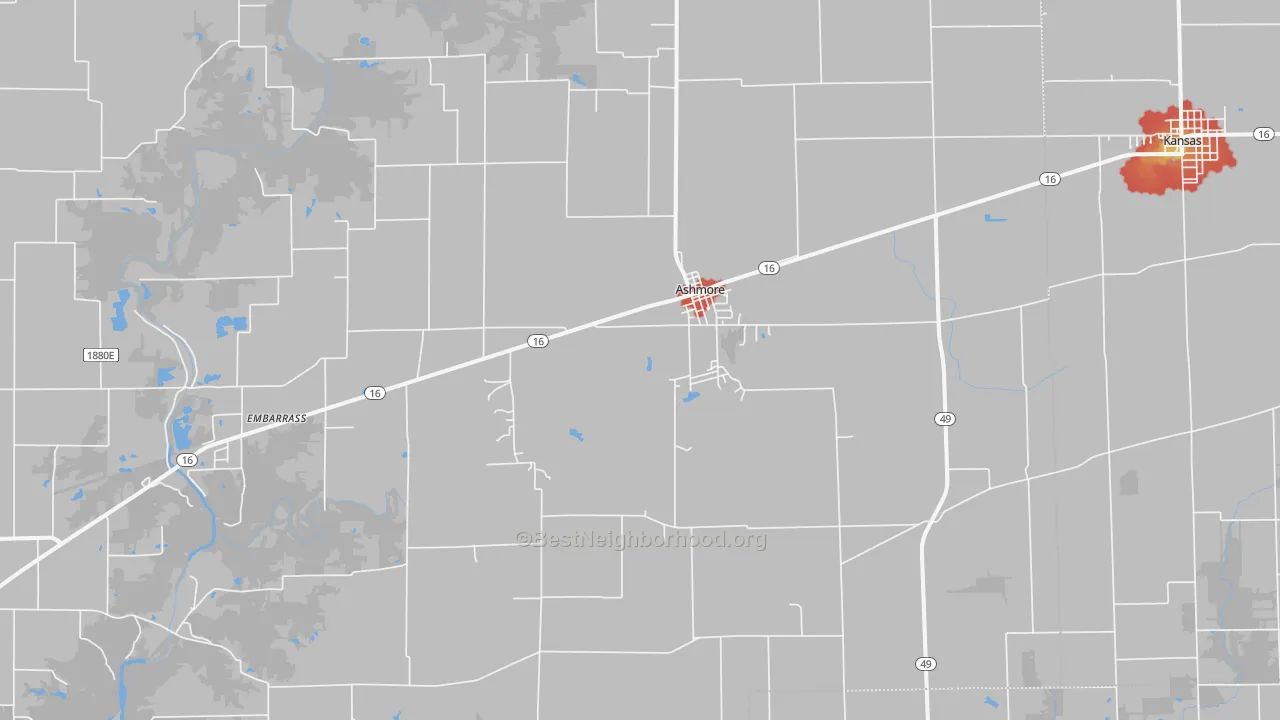 Walk Grade map of Ashmore, IL, walkable areas in green and car-dependent areas in red