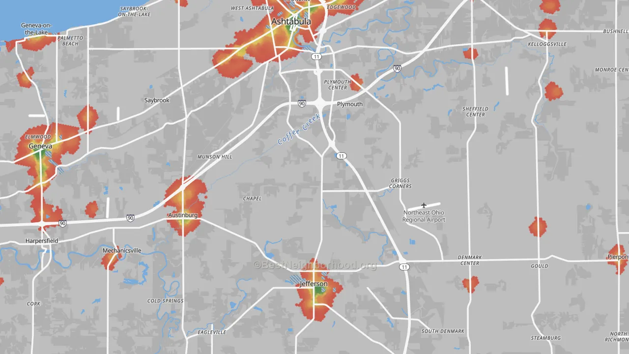 Walk Grade map of Ashtabula County, OH, walkable areas in green and car-dependent areas in red