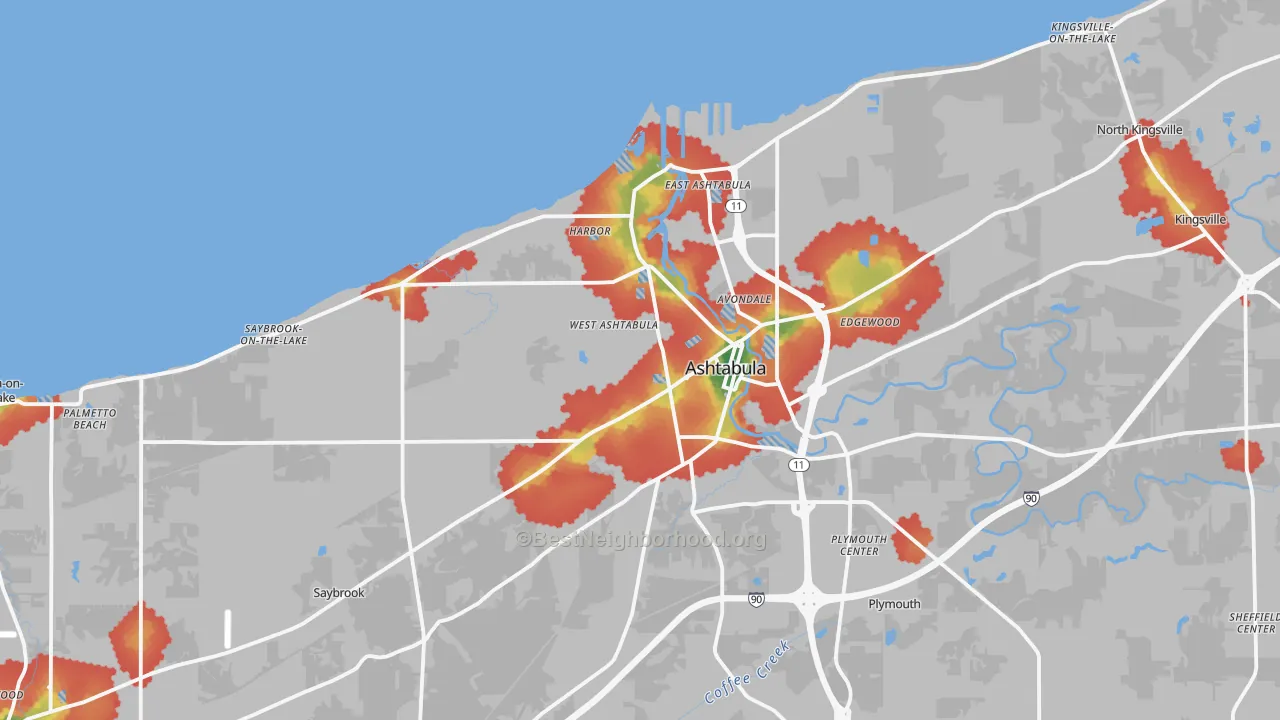 Walk Grade map of Ashtabula, OH, walkable areas in green and car-dependent areas in red