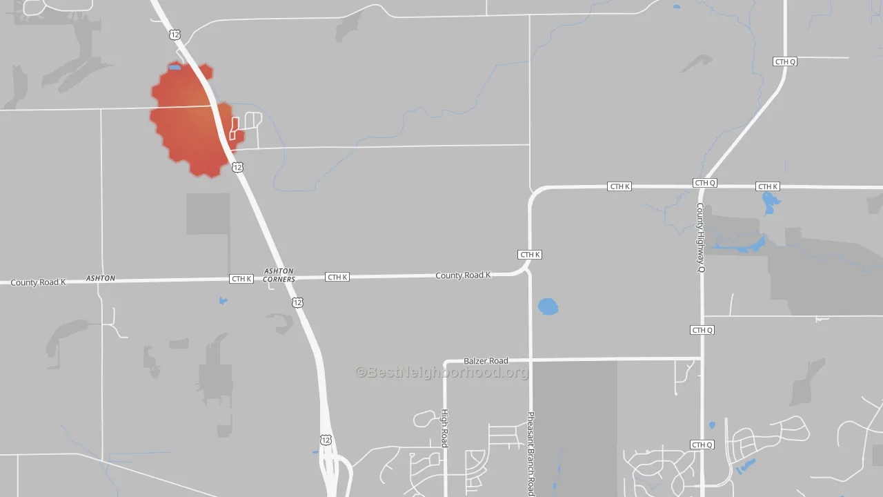 Walk Grade map of Ashton Corners, WI, walkable areas in green and car-dependent areas in red