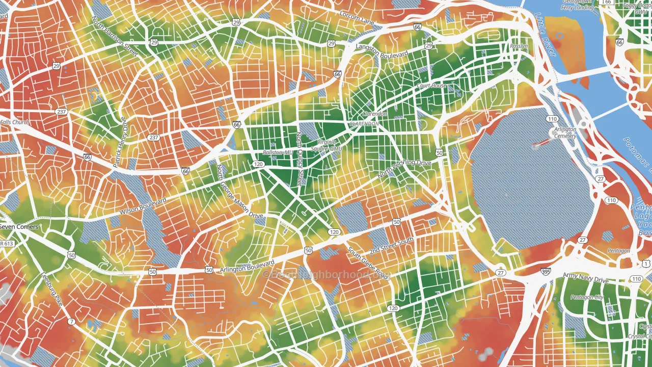 Walk Grade map of Ashton Heights, Arlington, VA, walkable areas in green and car-dependent areas in red