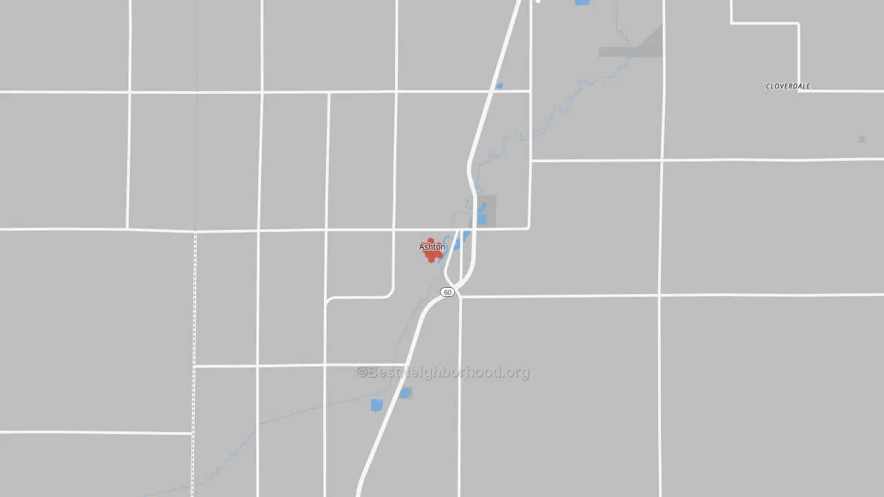 Walk Grade map of Ashton, IA, walkable areas in green and car-dependent areas in red