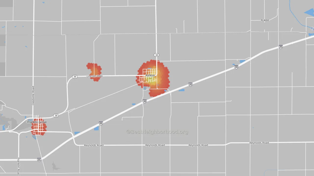Walk Grade map of Ashton, IL, walkable areas in green and car-dependent areas in red