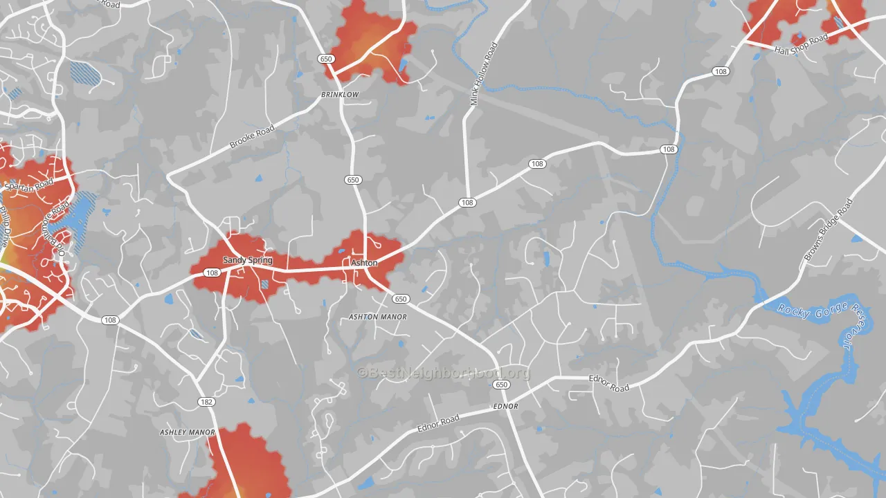 Walk Grade map of Ashton, MD, walkable areas in green and car-dependent areas in red