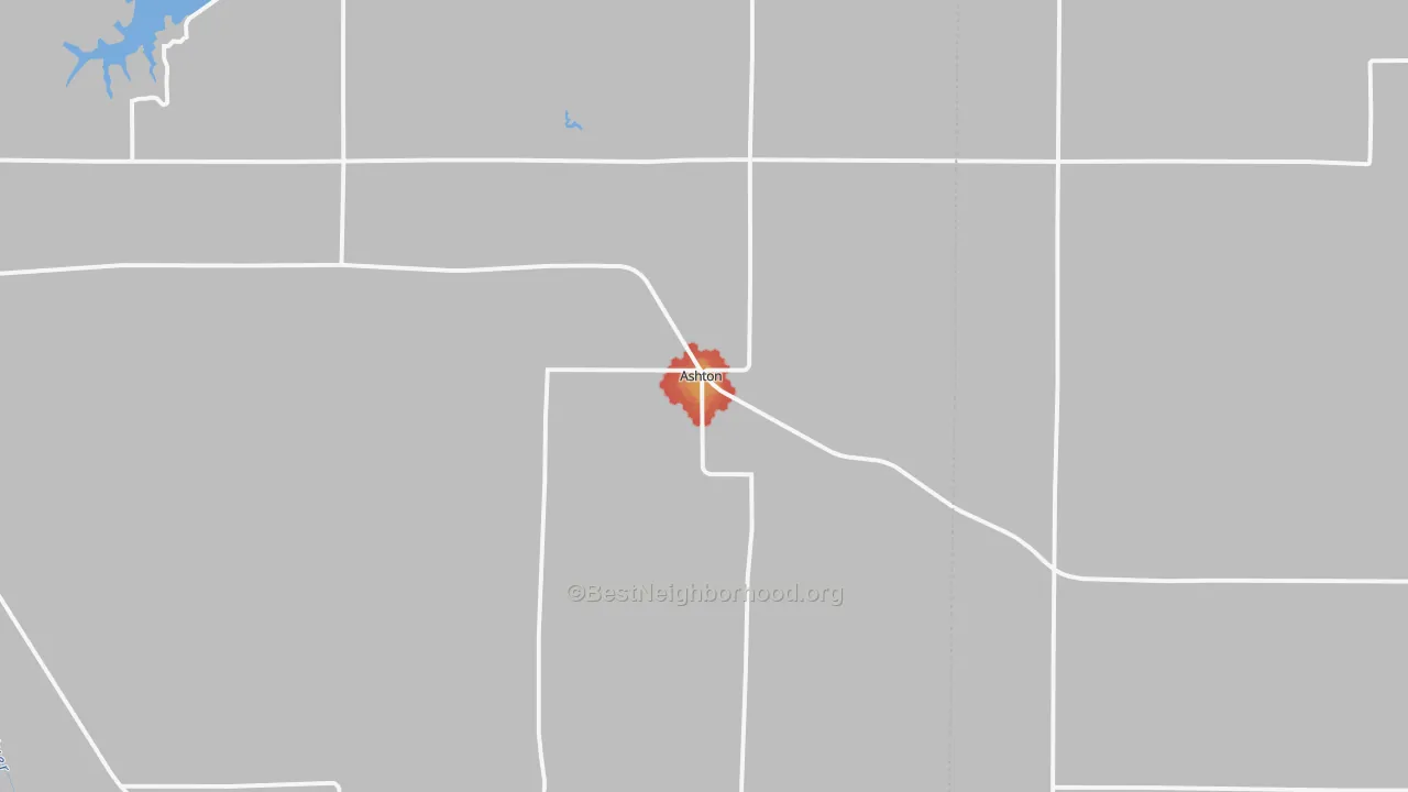 Walk Grade map of Ashton, NE, walkable areas in green and car-dependent areas in red