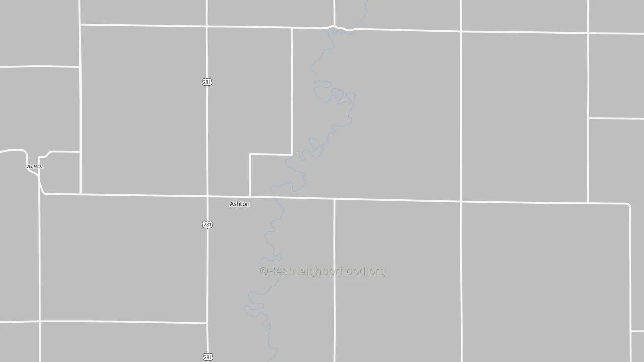 Walk Grade map of Ashton, SD, walkable areas in green and car-dependent areas in red