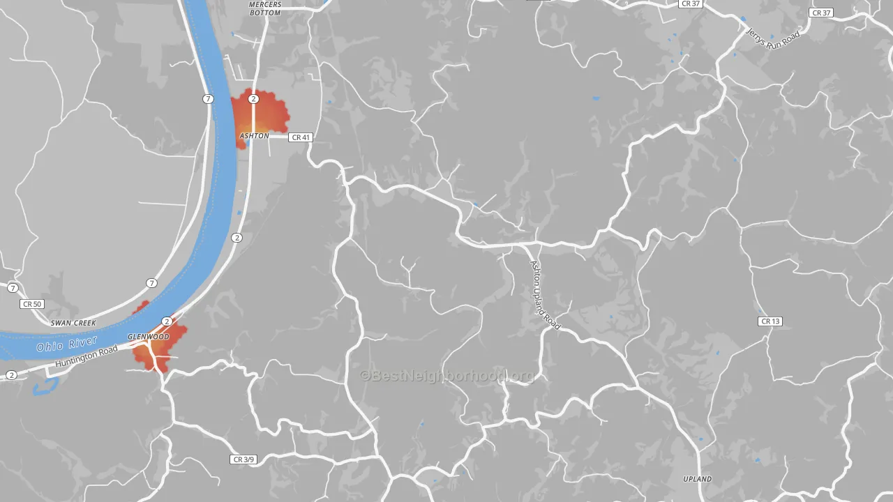 Walk Grade map of Ashton, WV, walkable areas in green and car-dependent areas in red
