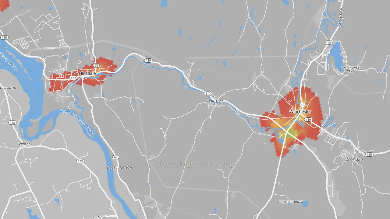 Walk Grade map of Ashuelot, NH, walkable areas in green and car-dependent areas in red