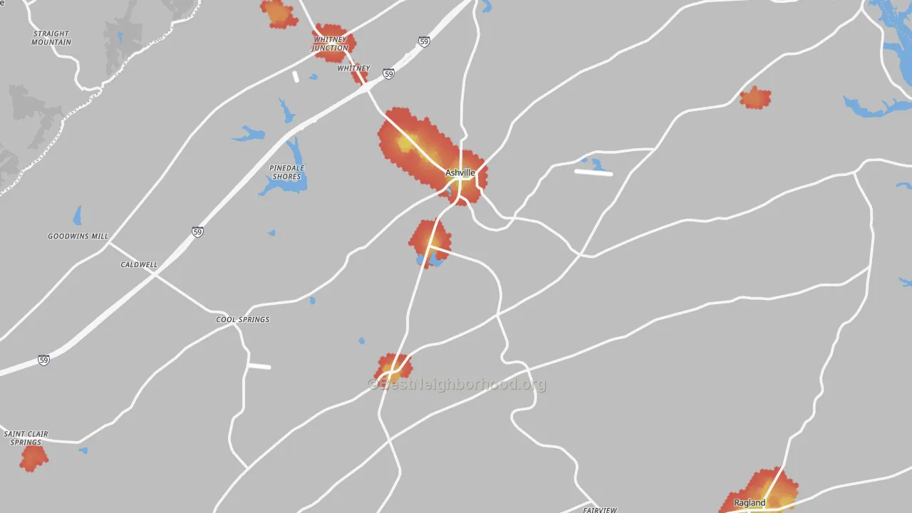 Walk Grade map of Ashville, AL, walkable areas in green and car-dependent areas in red