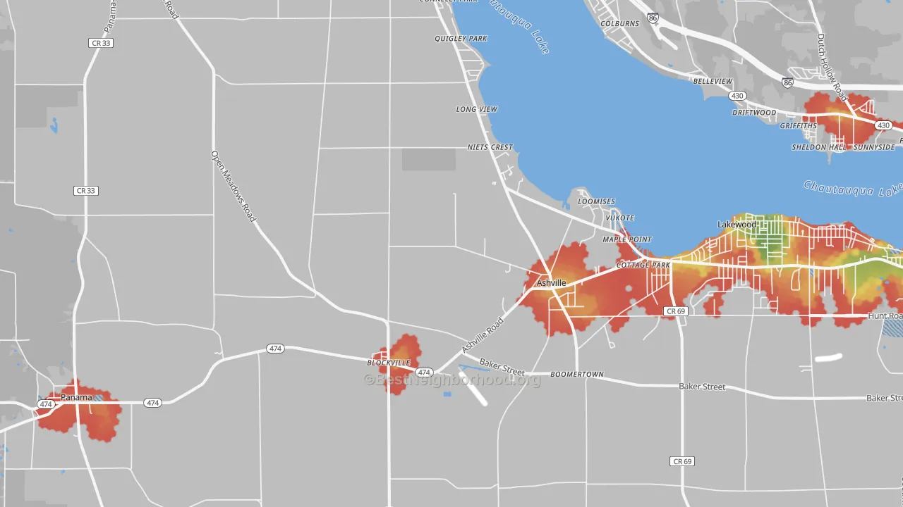 Walk Grade map of Ashville, NY, walkable areas in green and car-dependent areas in red